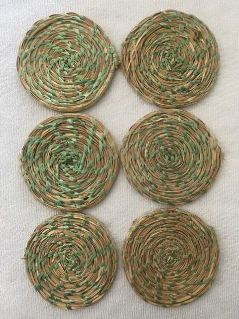 Vintage Rattan Straw Hand Woven Round  Coasters Barware 4" Tan Green Set Of 6