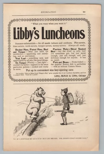 1890s-1910s Print Ad Libby's Luncheons Chicago, Bear Hunt Comic Humor