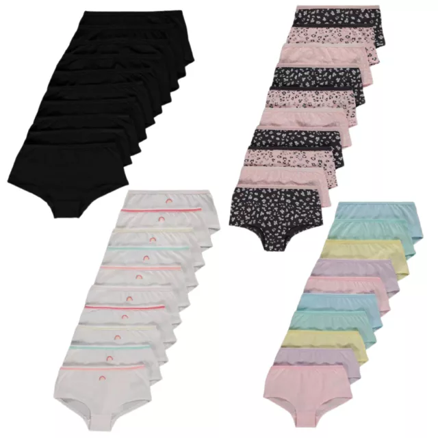 10 x Girls Short Knickers Plain Black Pastel Briefs Underwear Age 4 - 16 Years