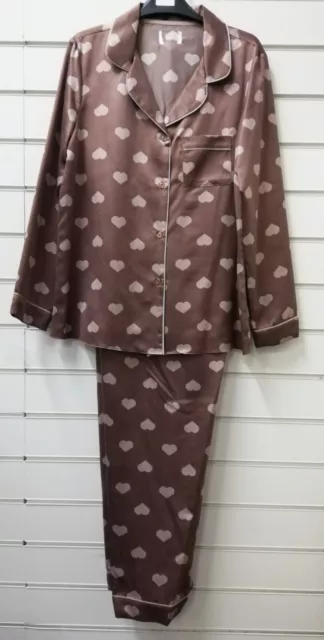 Ladies Matalan Beige Heart Print Satin Long Sleeve Pyjama Set Uk Sizes 8-18