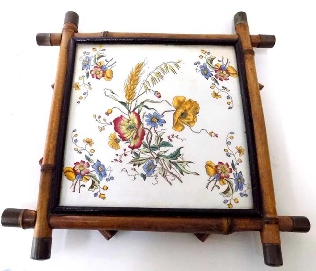 Antique Floral 8 in.Ceramic Tile Pickman Seville Spain Bamboo Frame Trivet