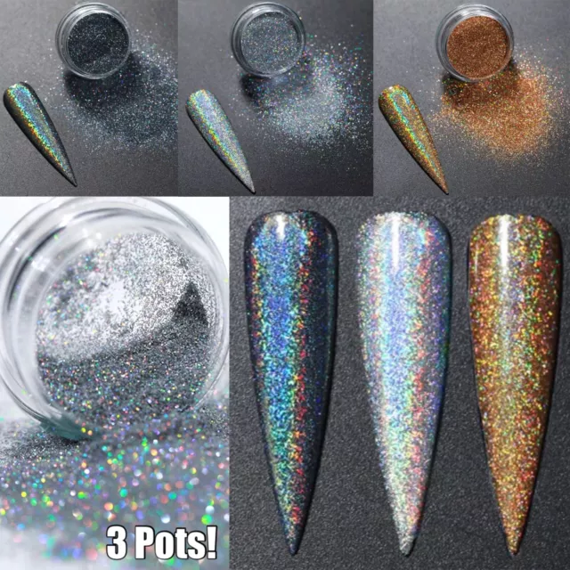 Holographic Nail Glitter Powder Shimmer 3 Pieces SET Rainbow Mermaid Unicorn UK