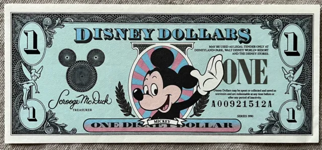 1990 Disney Dollars  Mickey Mouse Dollar $1 Note Uncirculated