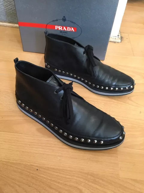 PRADA MENS BLACK Leather Studded High Top Sneakers Boot Uk 7, RRP£560 £ ...