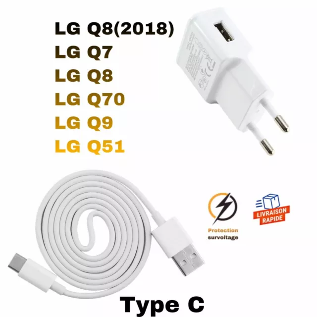 Cable USB TypeC+Chargeur secteur mural Pour LG Q8(20180/Q7/Q8/Q70/Q9/Q51