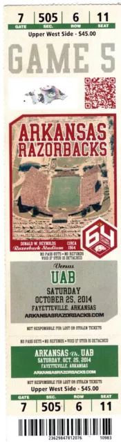 Arkansas Razorbacks Football Ticket Stub UAB Game 2014 Razorback Stadium