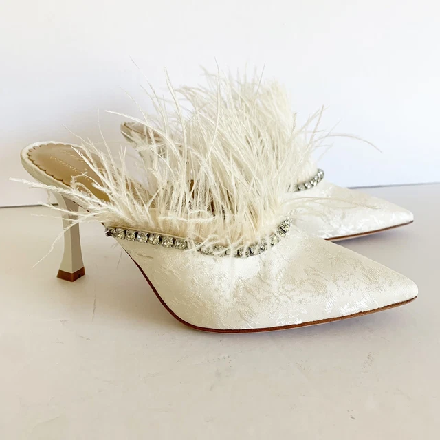 Nicola Bathie Liz Ivory Ostrich Feathers Rhinestone Bridal Dress Mule Heel 7