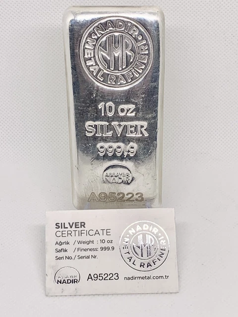 10 oz Nadir Metal Rafineri Bullion Bar of 999.9 Fine Silver