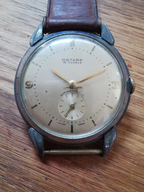 Montre Erec Vintage Homme Plaquée Or - Mouvement Mécanique Manuel, 17 Rubis, Bracelet Cuir Occasion