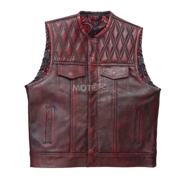 Red Wax Leather Vest - Denim Men Biker Vest - Men Braided Motorcycle Vest