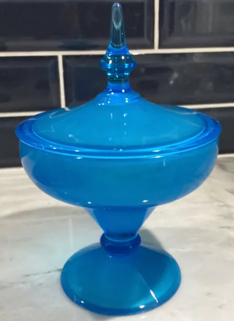 Frosted Blue Pedestal Candy Dish with Lid 8.5”