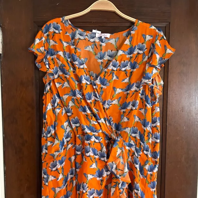 Parker Orange Floral Mini V-Neck Dress Size XL Silk Blend Ruffle Short Sleeve