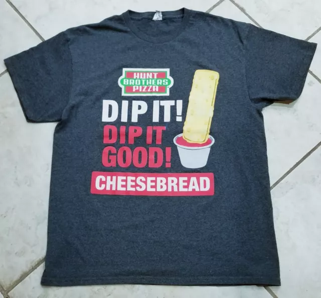 Hunt Brothers Pizza T-Shirt Men Large Dip it! Dip it Good! Cheese bread Gray Tee