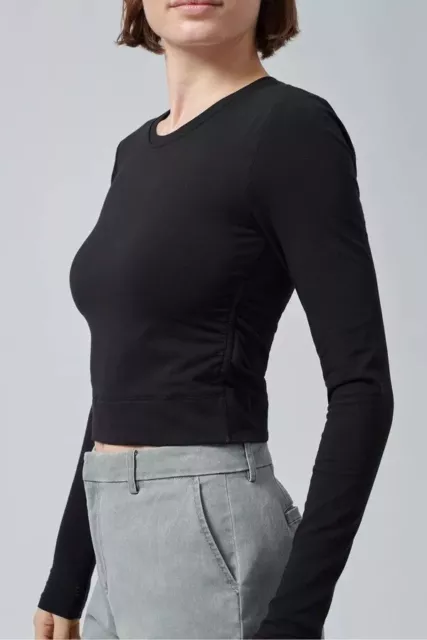 $195 ATM Anthony Thomas Melillo XS Long Sleeve Ruched Crop Top Black NWT