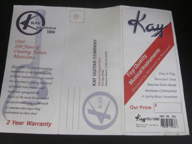 Kay 2001 warranty pamphlet for 5 string banjo/case candy