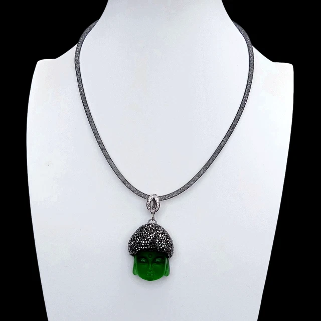 Black Rhinestone Pave Choker Necklace Green Quartz Carved Buddha Pendant