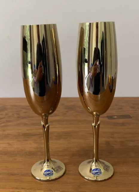 Bohemia Crystal Gold Champagne￼ Flutes Glasses X 2 Made In Czech Republic￼ 220ml