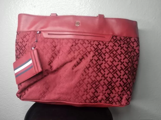 Tommy Hilfiger Large Tote Bag Red Handbag Monogram With Pouch MSRP $108