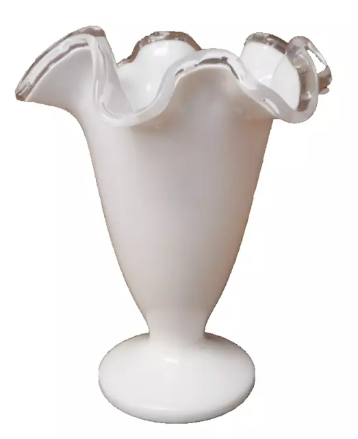 Fenton Milk Glass Vase Silver Crest Crimped Ruffled Footed Trumpet Shaped 6.5"