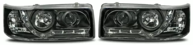 For VW Transporter T4 Black LED DRL Projector Headlights Short Nose Devil Eye