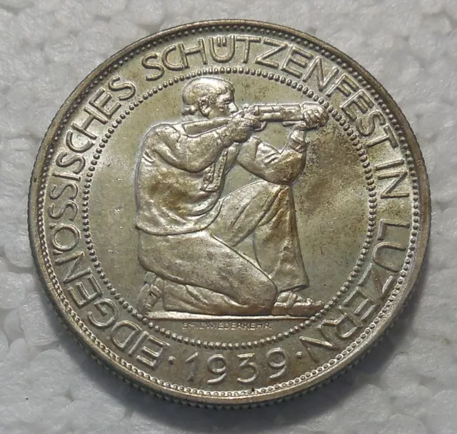 1939 Switzerland 5 Francs Silver Coin Lucerne Shooting Festival Au-Unc