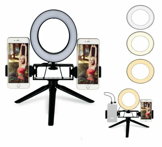 Anello Luminoso Led Luce Selfie Video Treppiedi Cerchio Trucco 2 Cellulari 16Cm