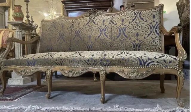 Fine Reupholstered French Vintage Mahogany Sofa.