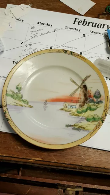 Vintage decorative plate windmill ocean bay made Japan hand painted