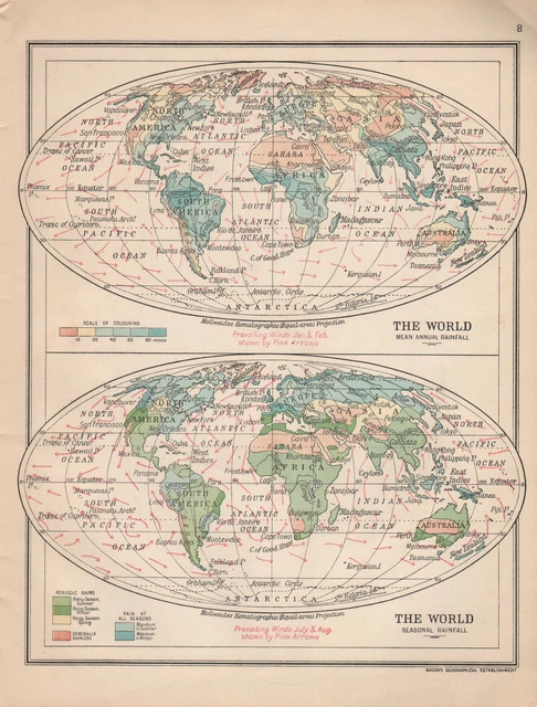 World Ranfall Map 1915 MAP ~ The World ~ Mean Annual Rainfall & Seasonal ~ Prevailing ...