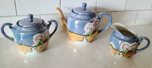 Vintage Japanese Lusterware Tea Pot Sugar Creamer Set Blue Peaceful Winding Road