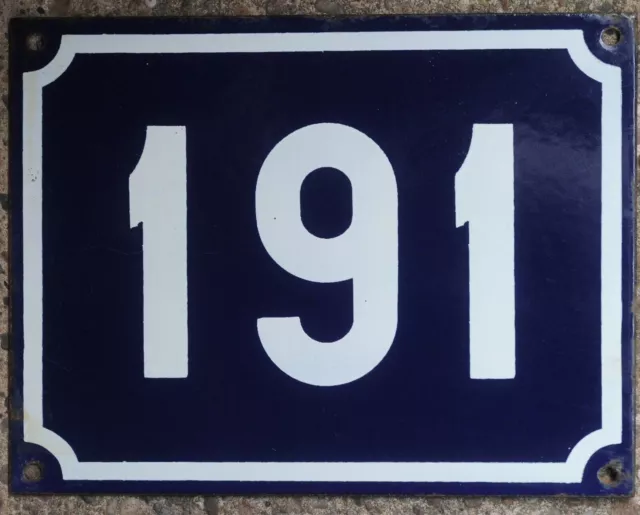 Large old blue French house number 191 door gate plate plaque enamel sign NOS