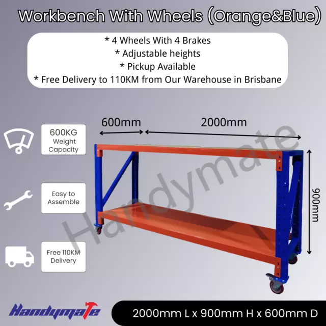 Free Delivery 2M Heavy Duty Garage Warehouse Steel Workbench Storage with Wheels