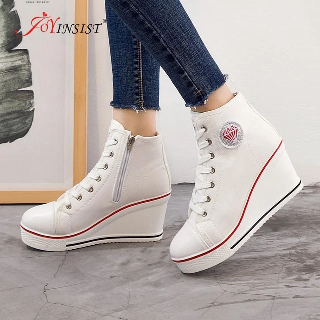 New Lady's High Top Wedge Heel Sneakers Women Pumps Lace Up Sport Shoes Canvas