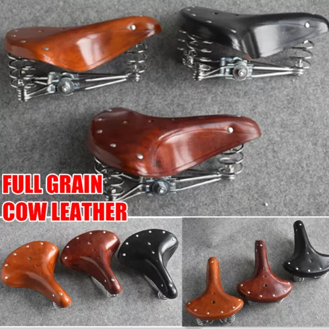 Vintage Spring Full Grain Genuine Leather Bicycle Saddle Retro Bike Seat Cushion