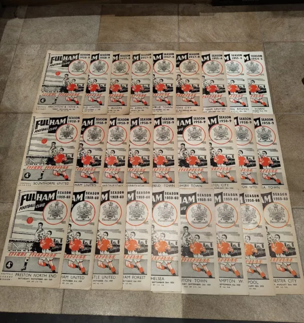 Vintage Fulham FC Spieltagsprogramm riesiger Restposten 1954-1964 Home & Away über 90!