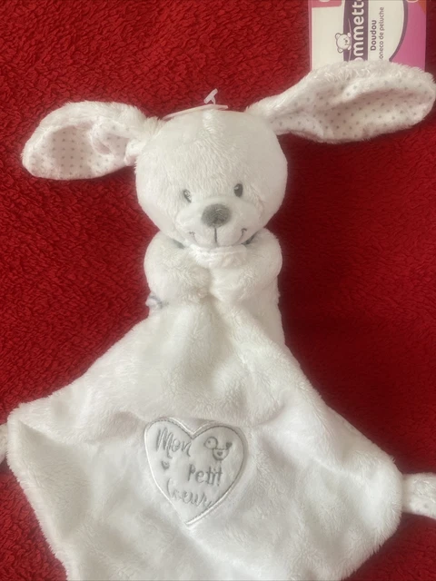 🇫🇷Doudou Lapin Blanc Mouchoir Blanc Gris Mon Petit Cœur POMMETTE 100 % NEUF 2