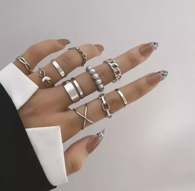 Women's Fashion Jewelry Silver Bohemian Vintage Ring Set Geometric 21