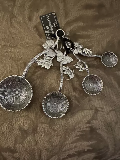 4 Piece Chrome Measuring Spoons Set Featuring Sunflower,Butterfly &Leaves NWT