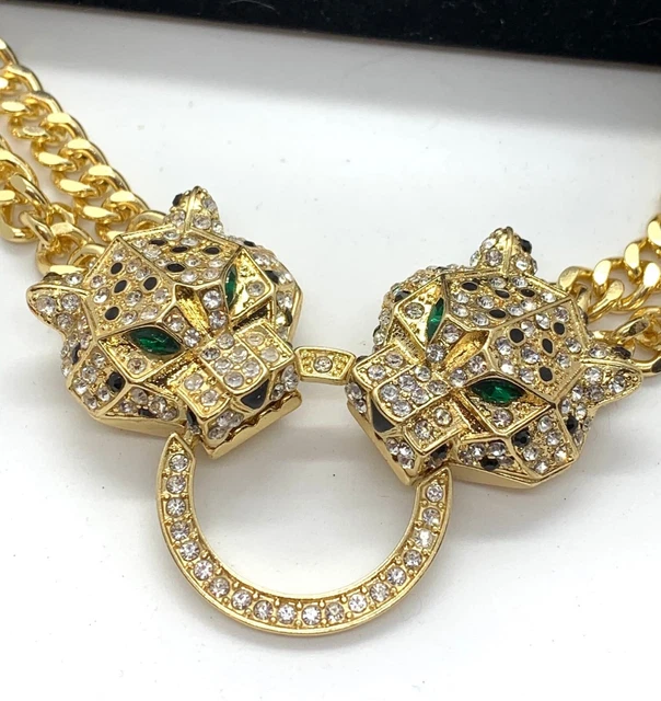 Fab Large Art Deco Style Double Gold Cuban Chain Diamante Tiger Vintage Necklace
