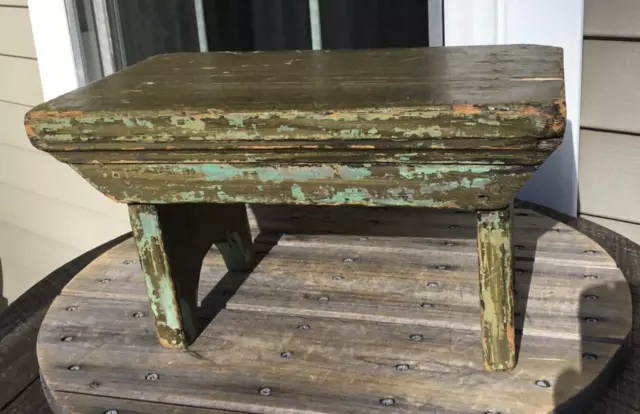 Antique Old Layered Green Paint Wooden Foot Stool Bench Foot Rest Boot Jack Ends