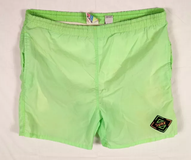 SURF GEAR Vtg 90s Bright Apple Green Swim Trunks Suit MEN'S L 34 36