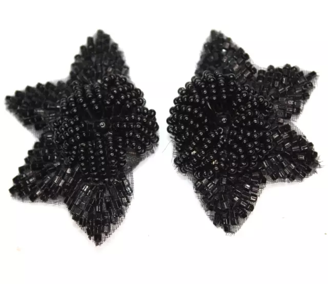 Beaded Shoe Clips Black Jet Mourning Glass Seed Bead Flowers