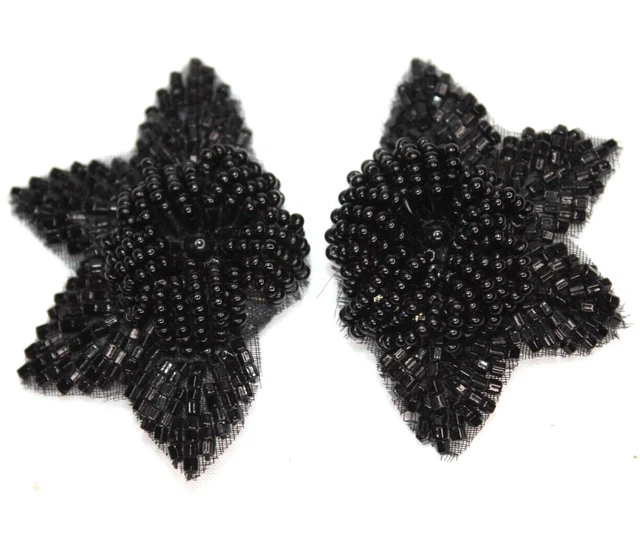 Beaded Shoe Clips Black Jet Mourning Glass Seed Bead Flowers