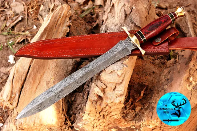 Handmade Forged Damascus Steel Double Edge Blade Sword W/ Pakka Wood Handle 1703