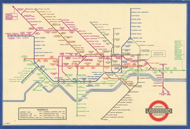 LONDON UNDERGROUND TUBE map diagram of lines. Middle Circle. HARRY BECK ...