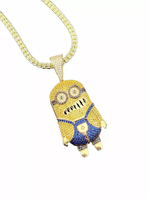 14K YELLOW GOLD 38.2 Grams 22in Moon Ice Chain Large Minion Character ...