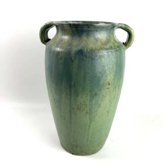 Large Vintage Upchurch Pottery Twin Handled Vase Matte Green Glaze