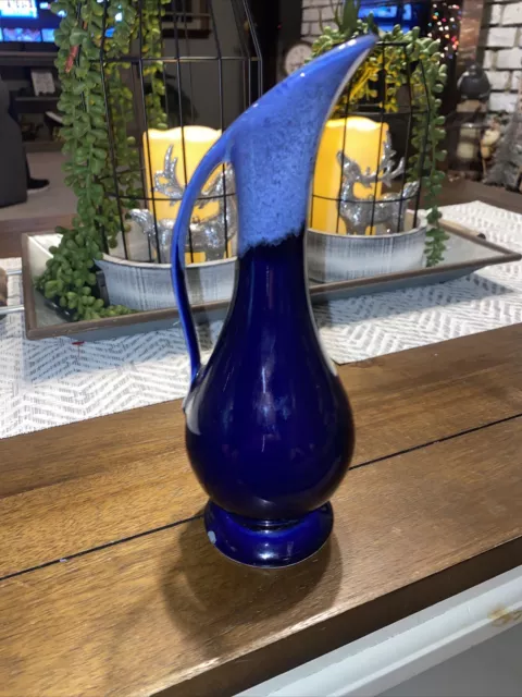 USA Art Pottery Ewer Bud Vase Blue Drip Glaze Iridescent 8 1/2” Mid Century Cpic