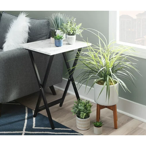 5 Piece Wood and White Faux Marble Folding TV Snack Tray Table Set W Stand New 5 Piece Wood and White Faux Marble Folding TV Snack Tray Table Set W Stand New