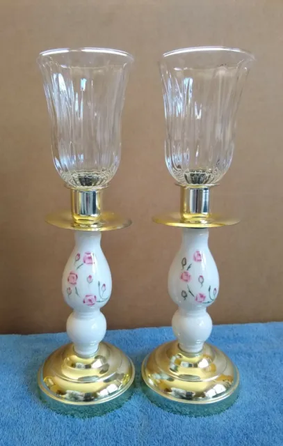 Home Interiors Pink Roses Ceramic & Gold Taper/Votive Candle Holders w/ Peg Cups